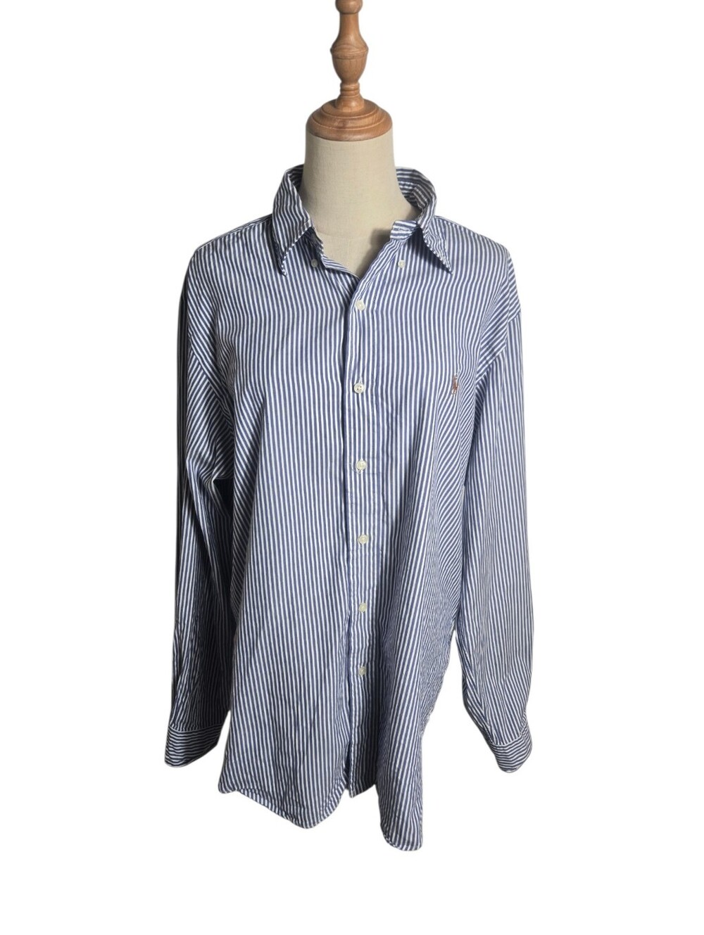 Ralph Lauren Navy and White Vertical Stripe Button-Down Logo Shirt